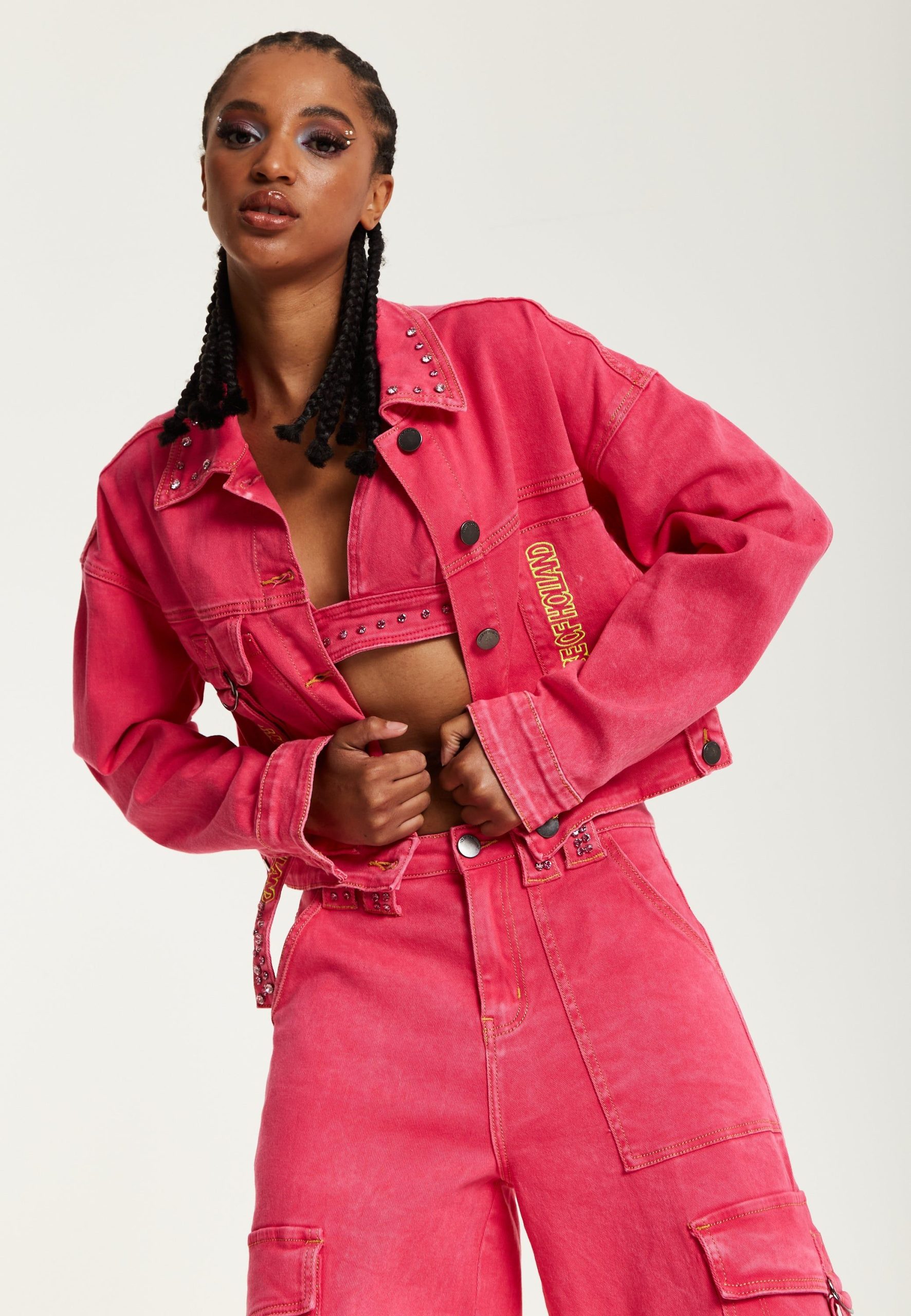 Oversized Hot Pink Denim Jacket With Studs