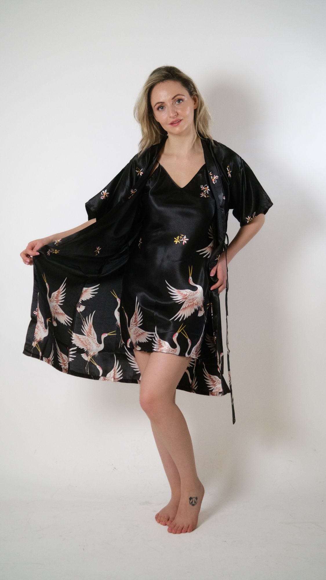 2 Pcs Robe Set Bride Belted Lace Kimono Satin Nightwear Drop Shoulder Nighty