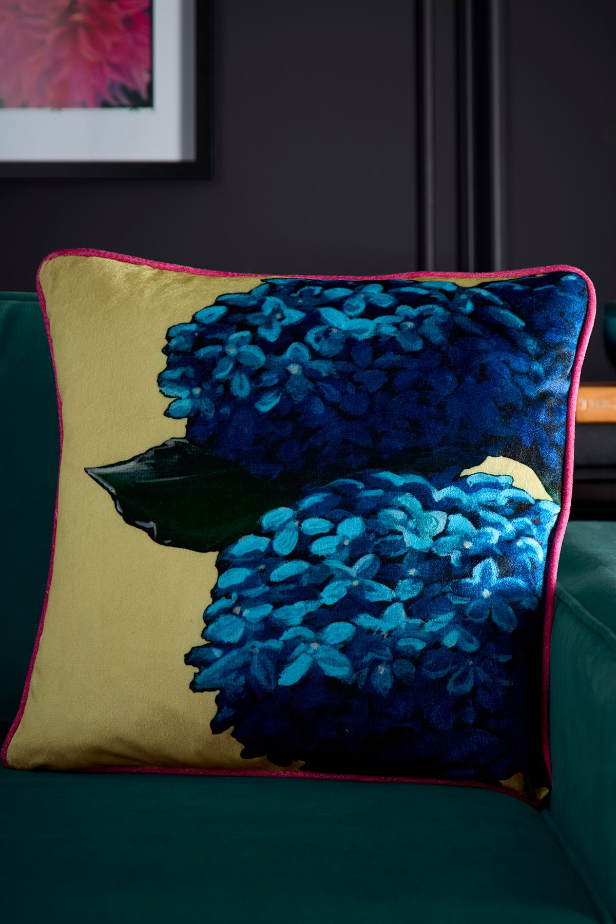 'Hiyah Hydrange' Hydrangea Blooms Print Velvet Filled Cushion