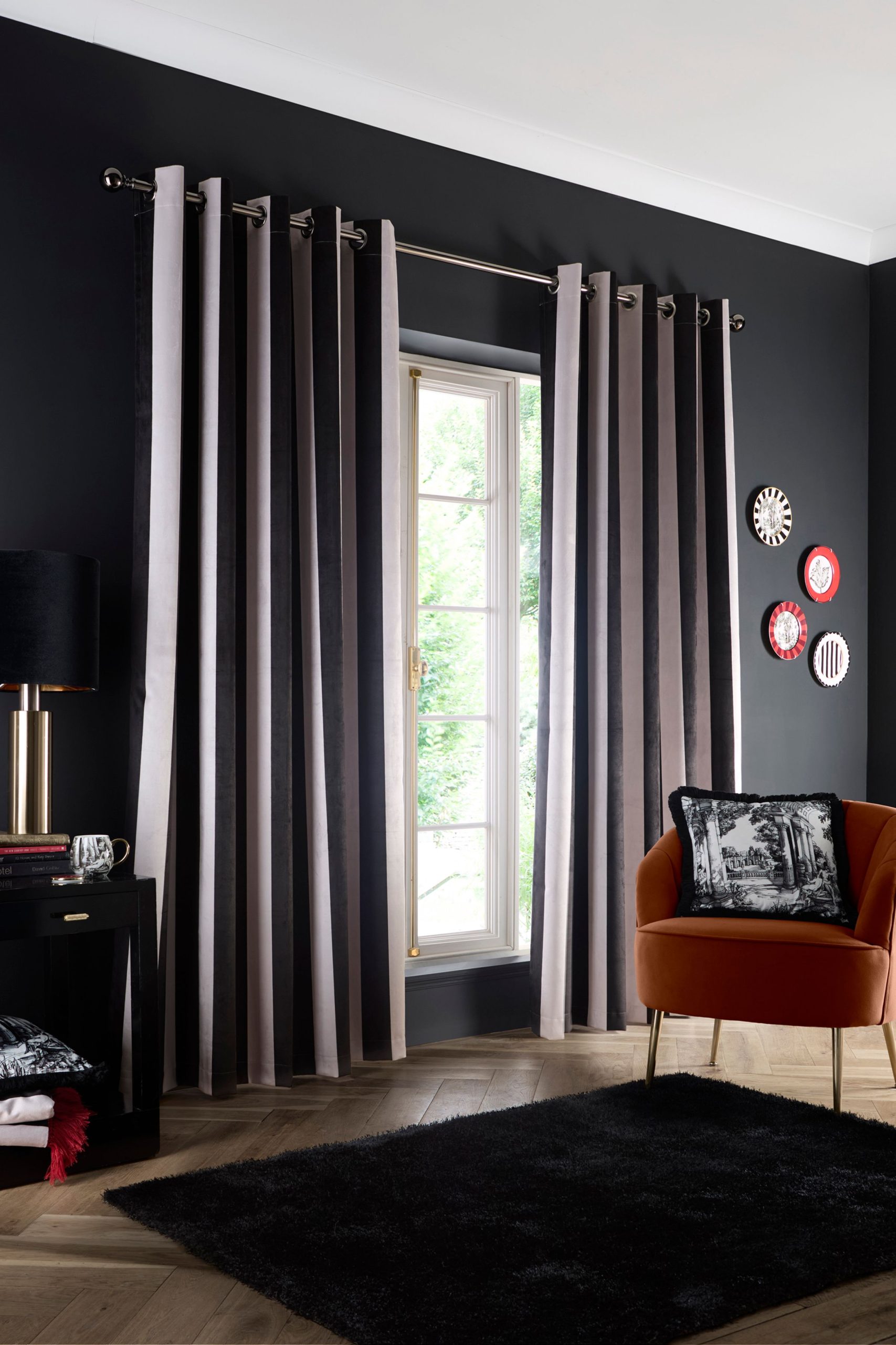 'Festivo Stripe' Striped Velvet Blackout Pair of Eyelet Curtains