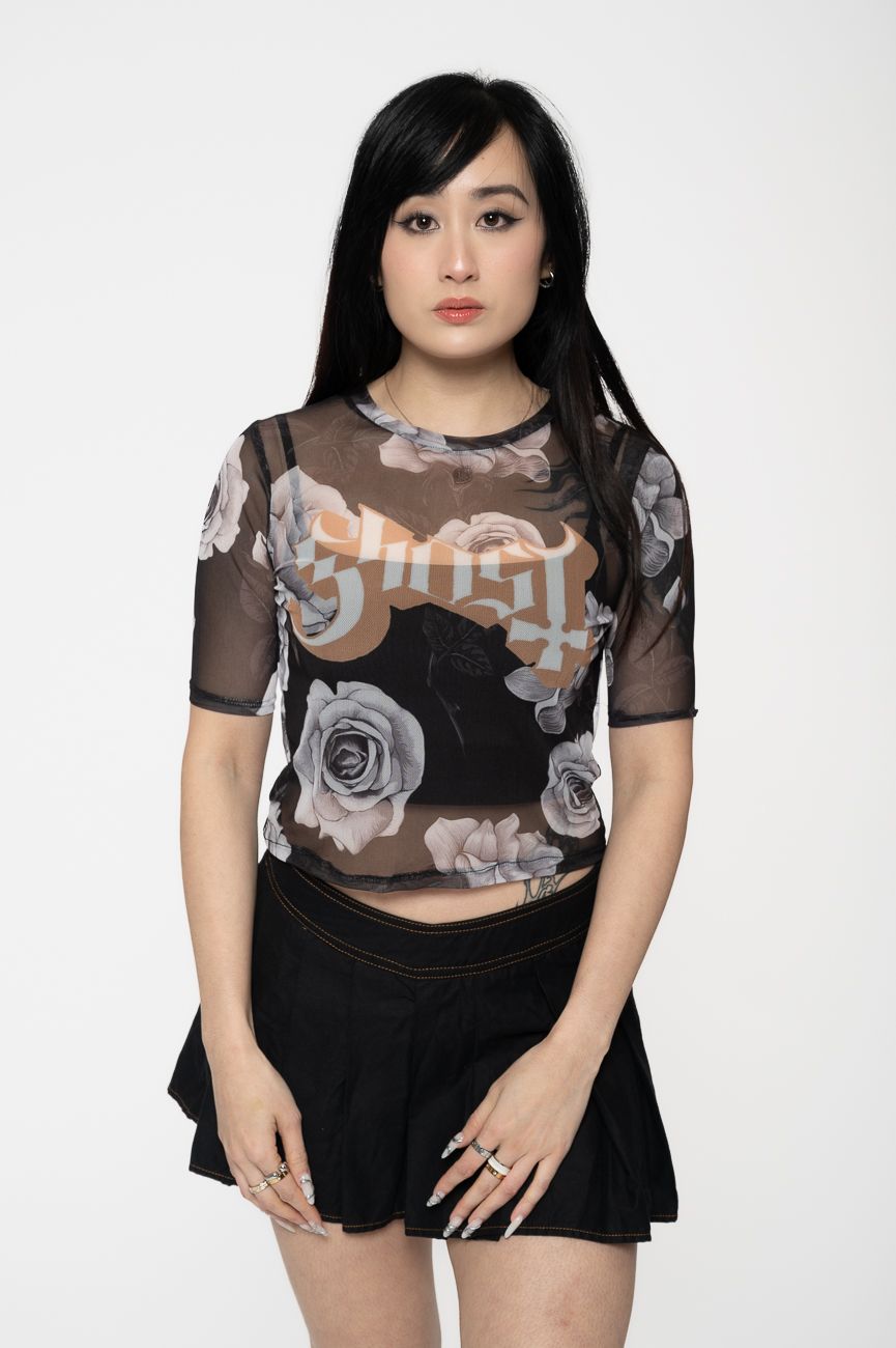 Logo And Roses Mesh Crop Top