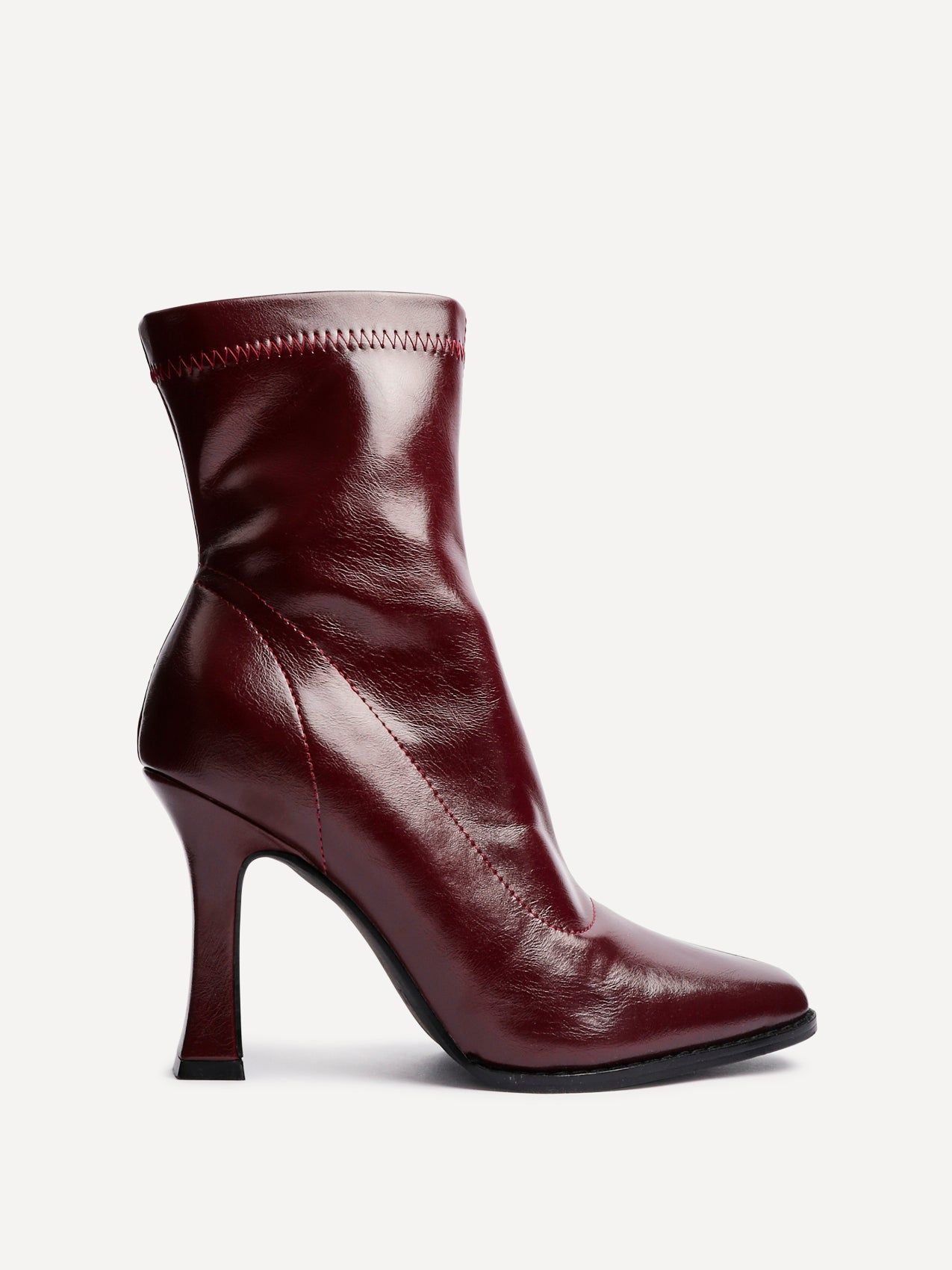Noelle Burgundy Faux Leather Square Toe Heeled Sock Boot