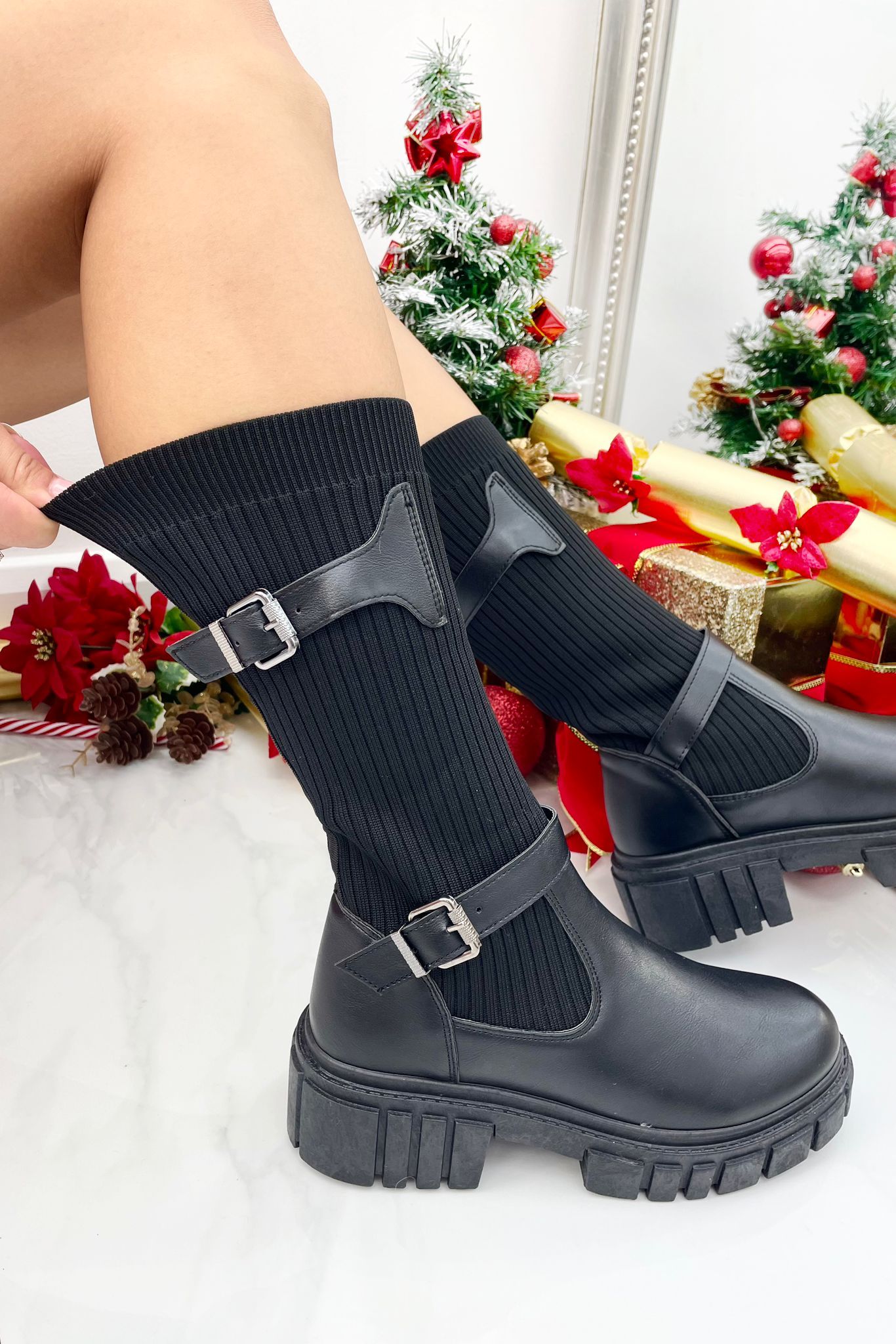 Stretch Comfort Fit Knee High Buckle Boots