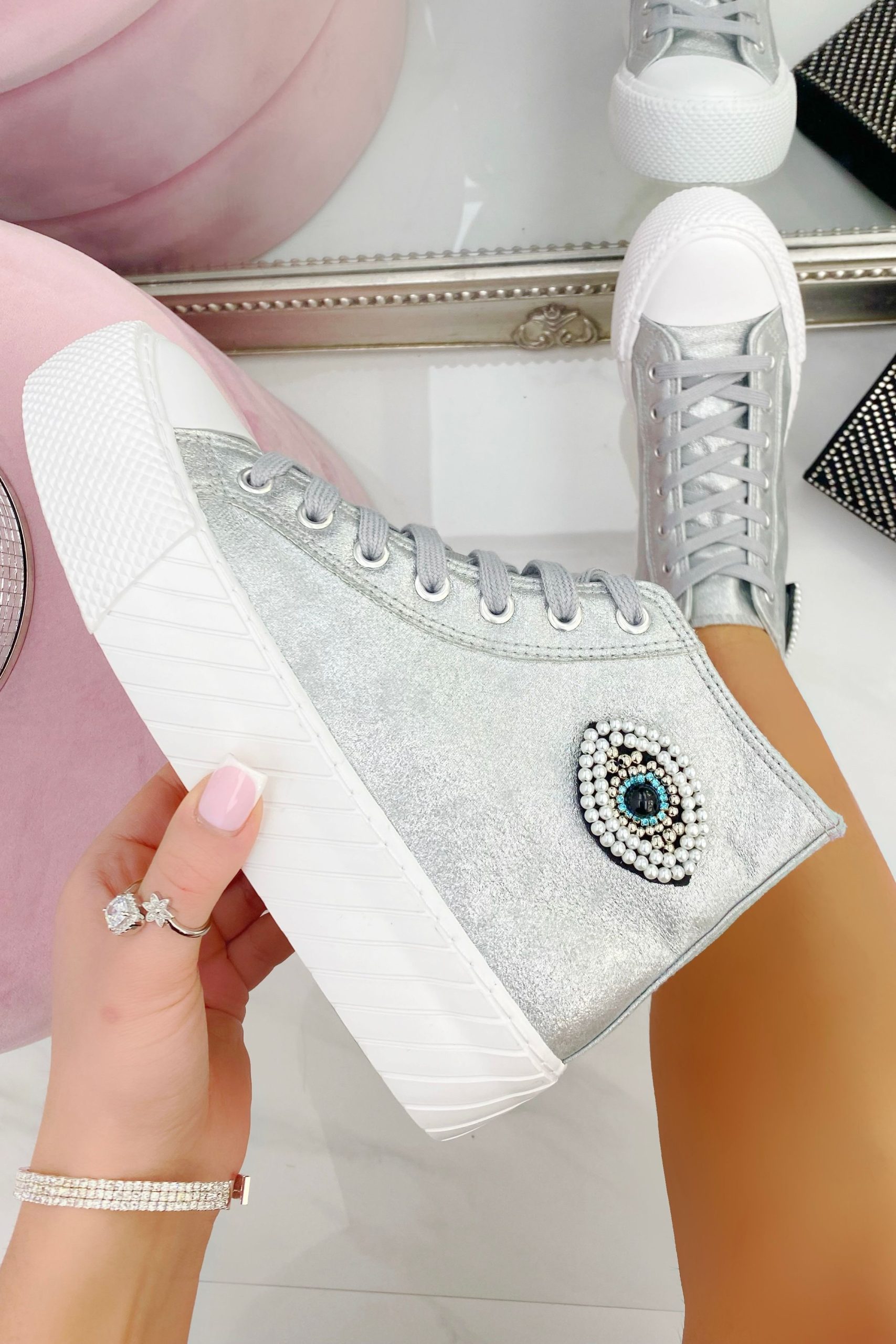 Sparkly Embellished Evil Eye High Top Trainers
