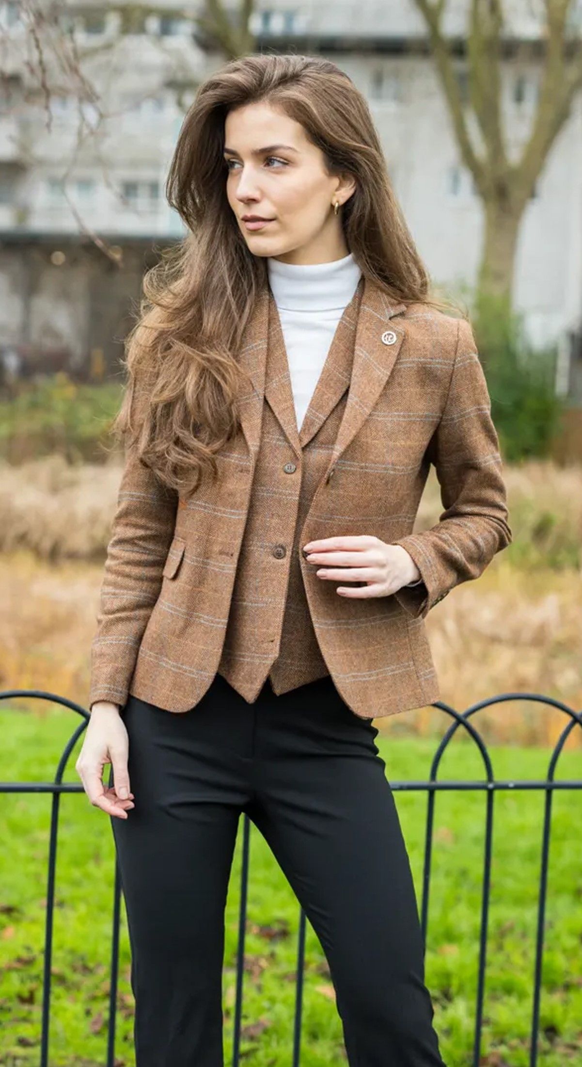 Women's 2 Piece Set Tweed Blazer Waistcoat in Herringbone Check