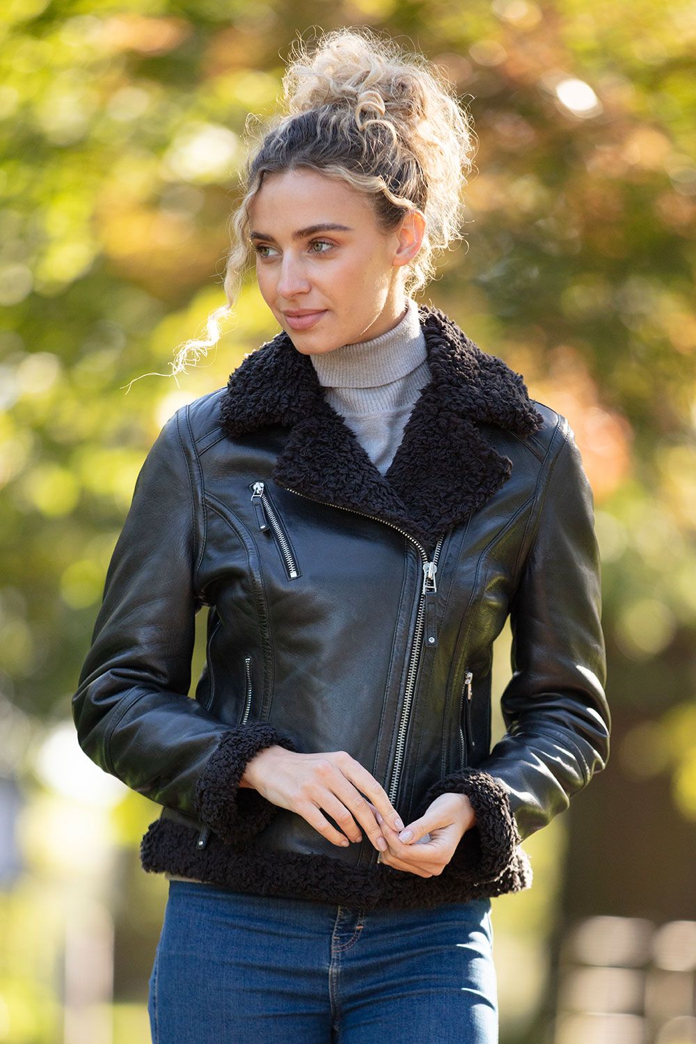 '2418' Ladies Leather Biker Jacket with Faux Fur