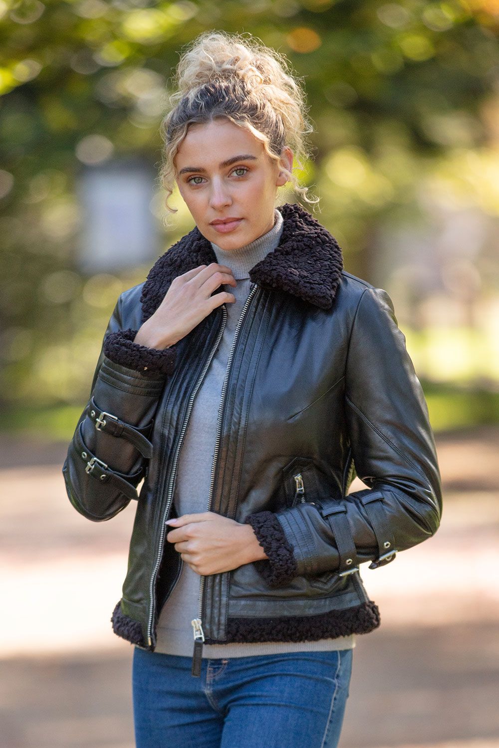 '2419' Ladies Leather Aviator Jacket with Faux Fur Lining