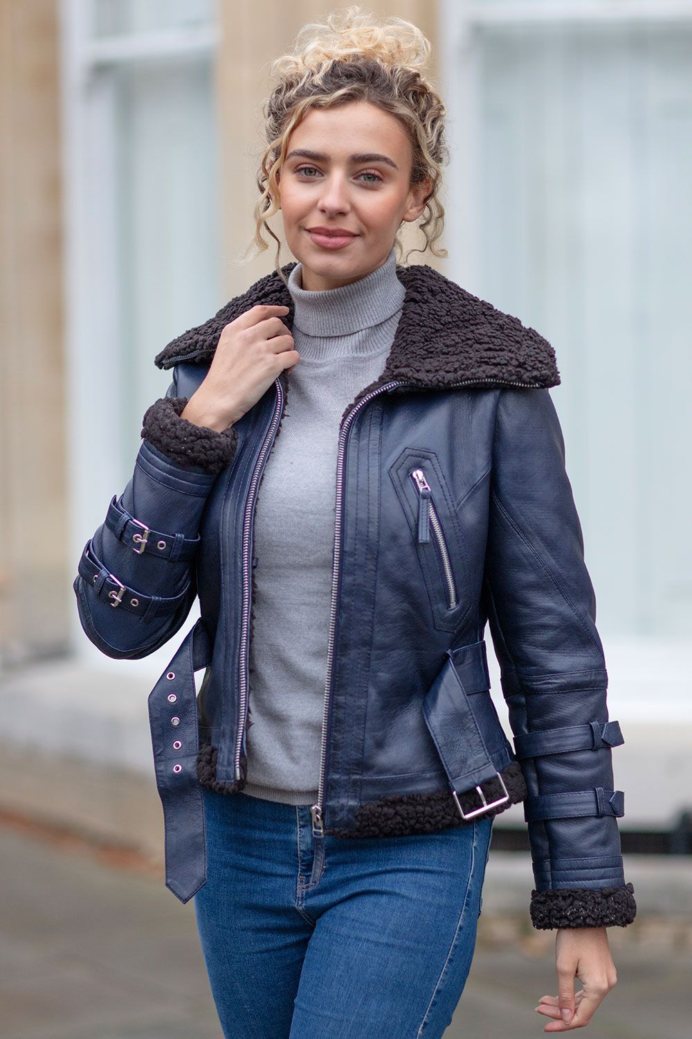 '2420' Ladies Leather Aviator Jacket With Oversized Fur Collar