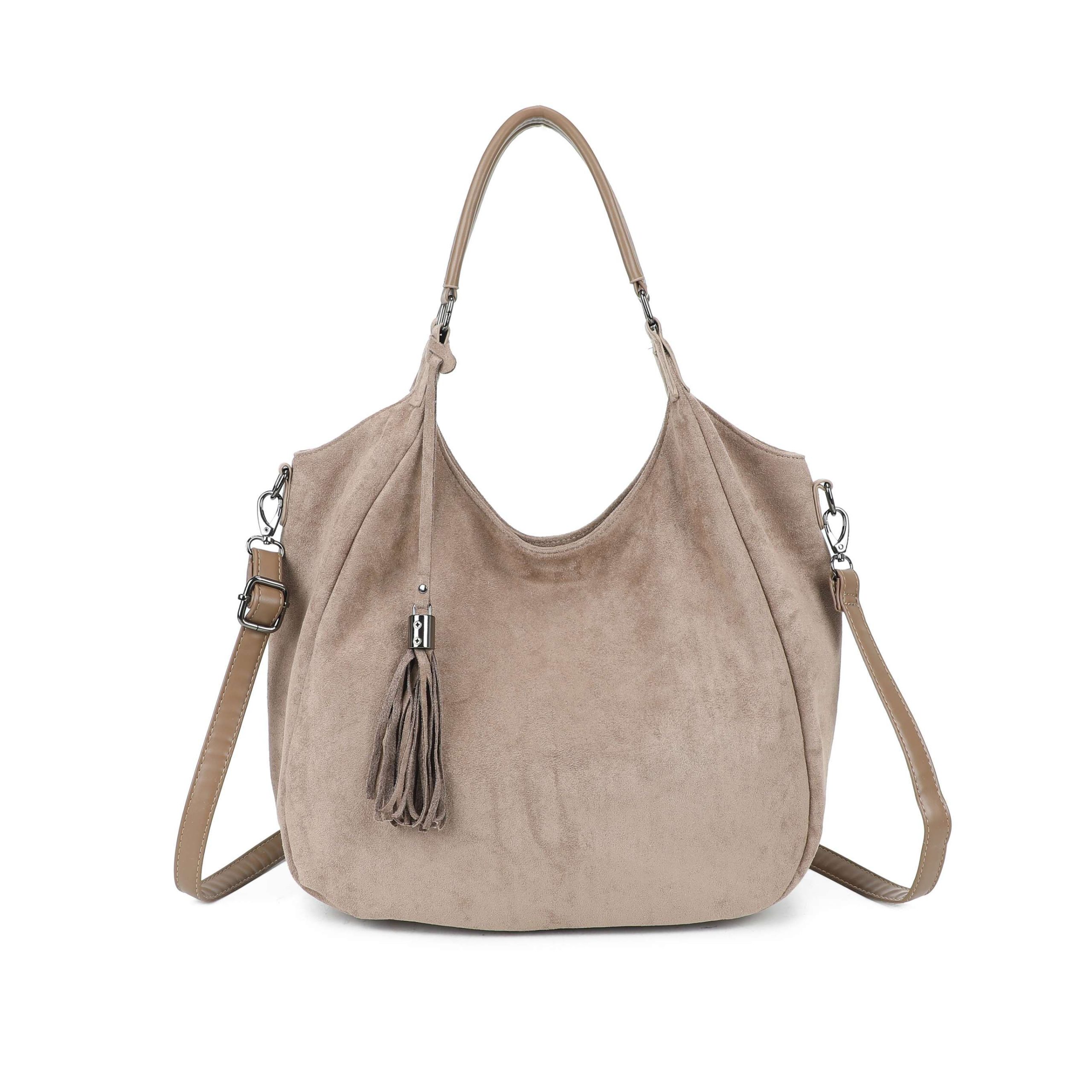 Roomy Faux Suede Tote Bag with Tassel & Detachable Strap