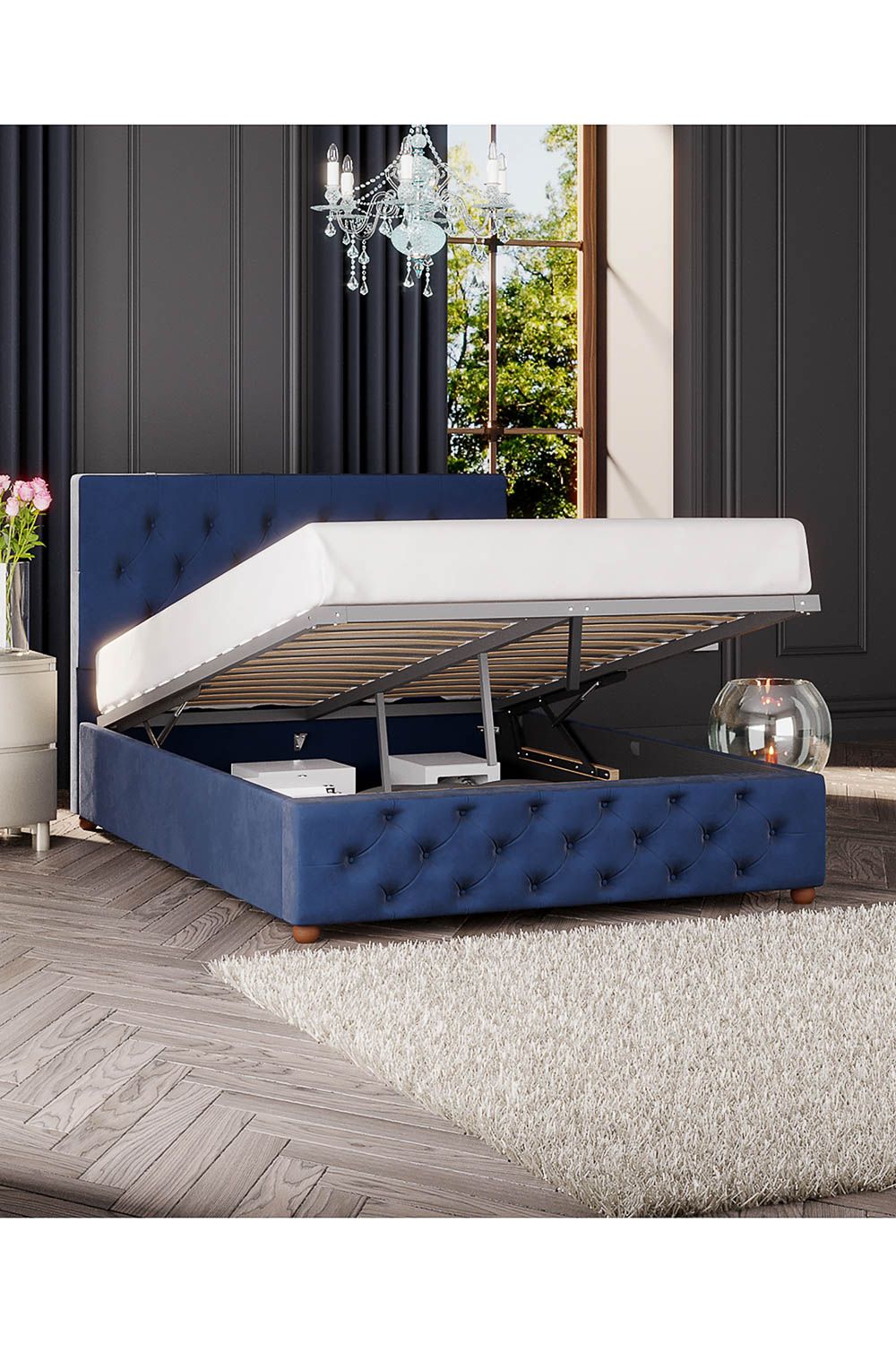Luna Ottoman Storage Bed in Plush Velvet Fabric, Custom Made