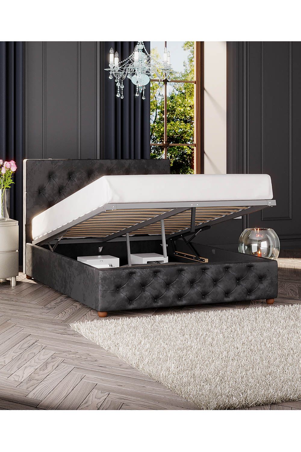 Luna Ottoman Storage Bed in Mirazzi Velvet Fabric, Custom Made