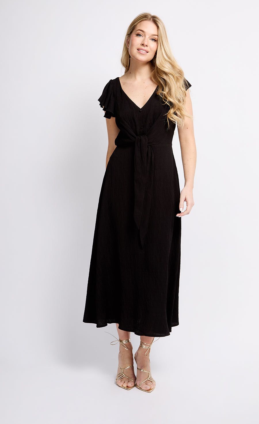 Black Texture Tie Detail Midaxi Dress