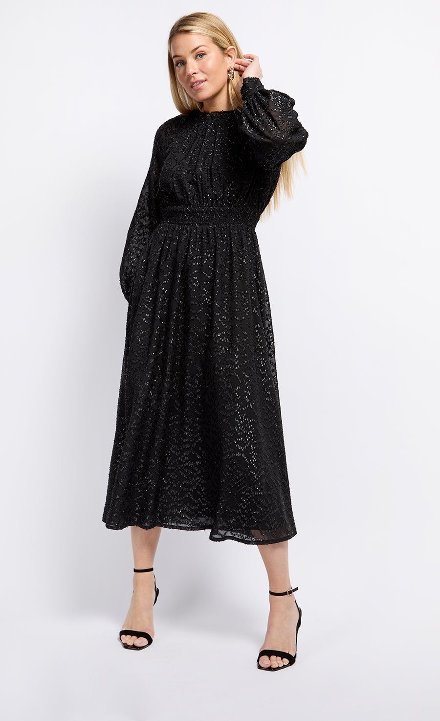 Black Metallic Texture Midaxi Dress