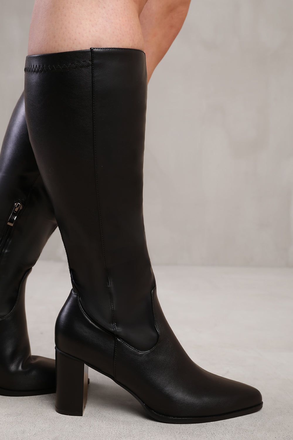 'Ainsley' Stretch Wide Calf Block Heel Knee High Boots with Stitch Detail