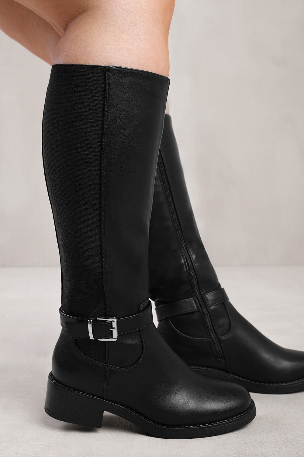 'Bode' Stretch Wide Calf Knee High Boots With Buckle Detail
