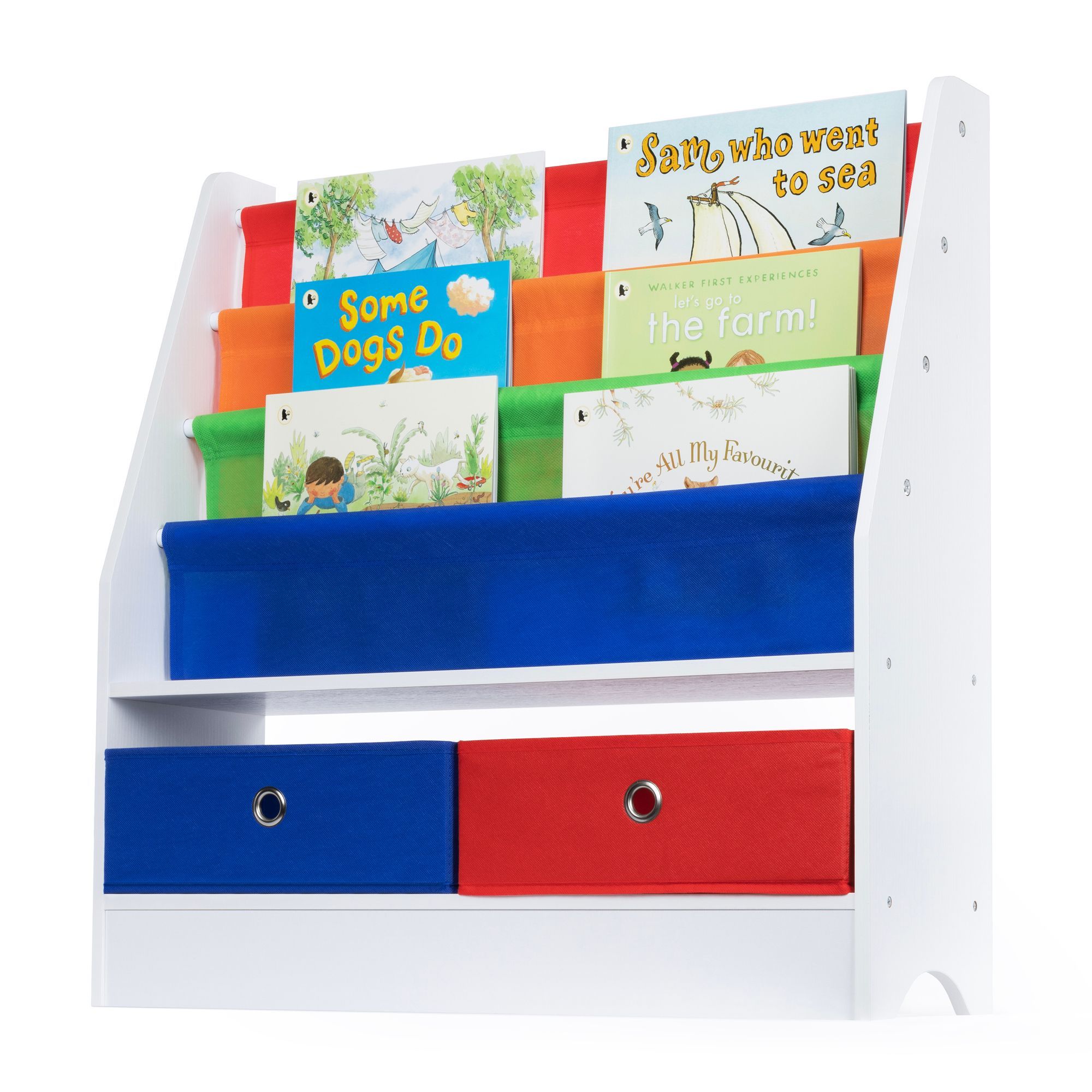 Children Sling Bookshelf with 3 Shelves & 2 Containers