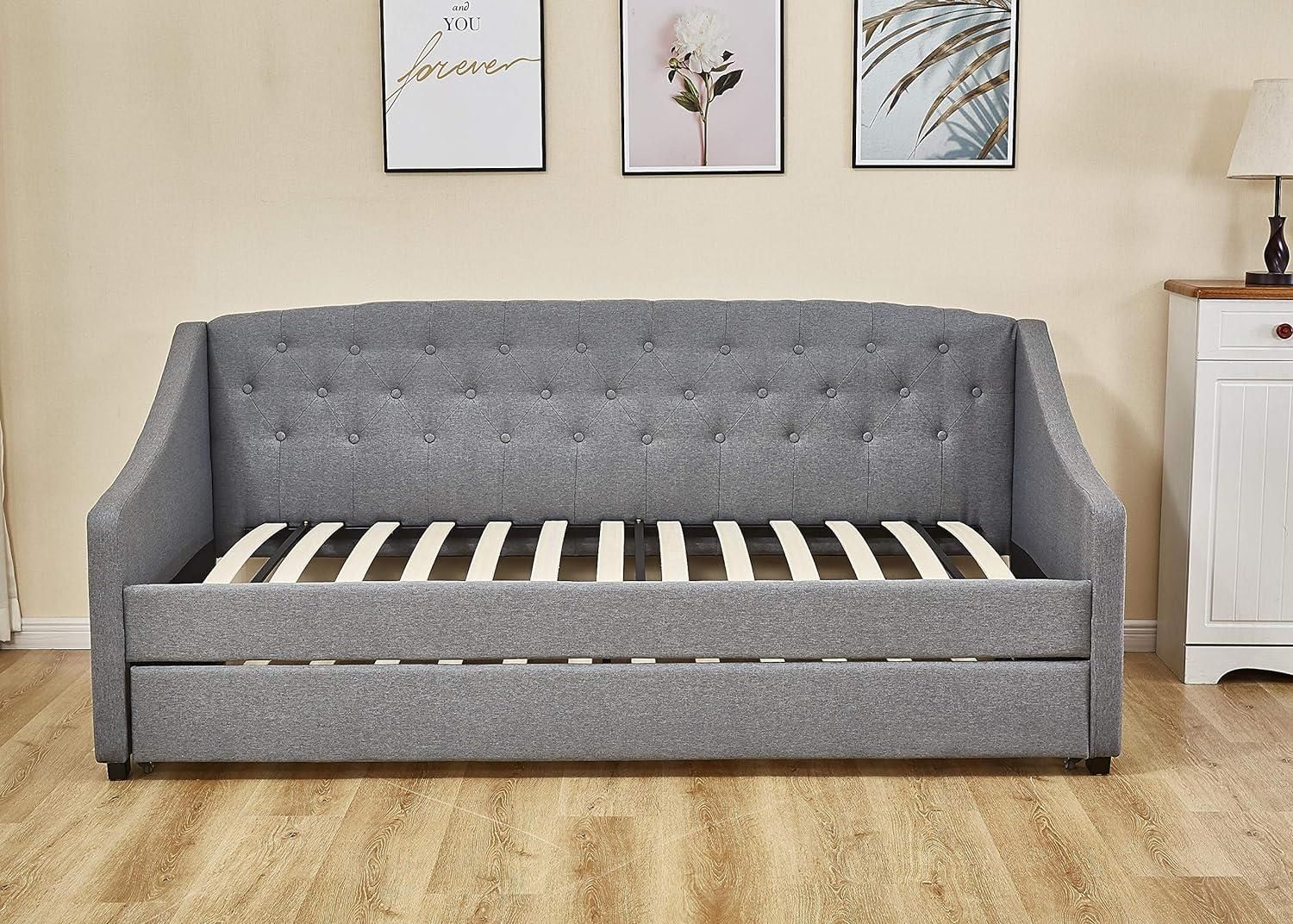 Daybed with Trundle Grey 3ft Single Fabric Tufted Wooden Bedroom