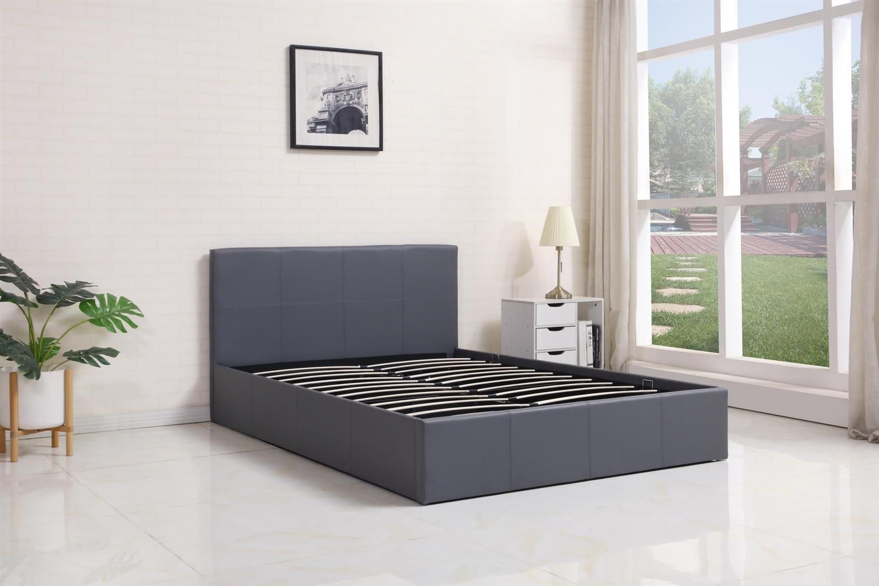 Ottoman Bed Gas Lift Storage Leather Grey 3ft Single Pine Wood Bedroom