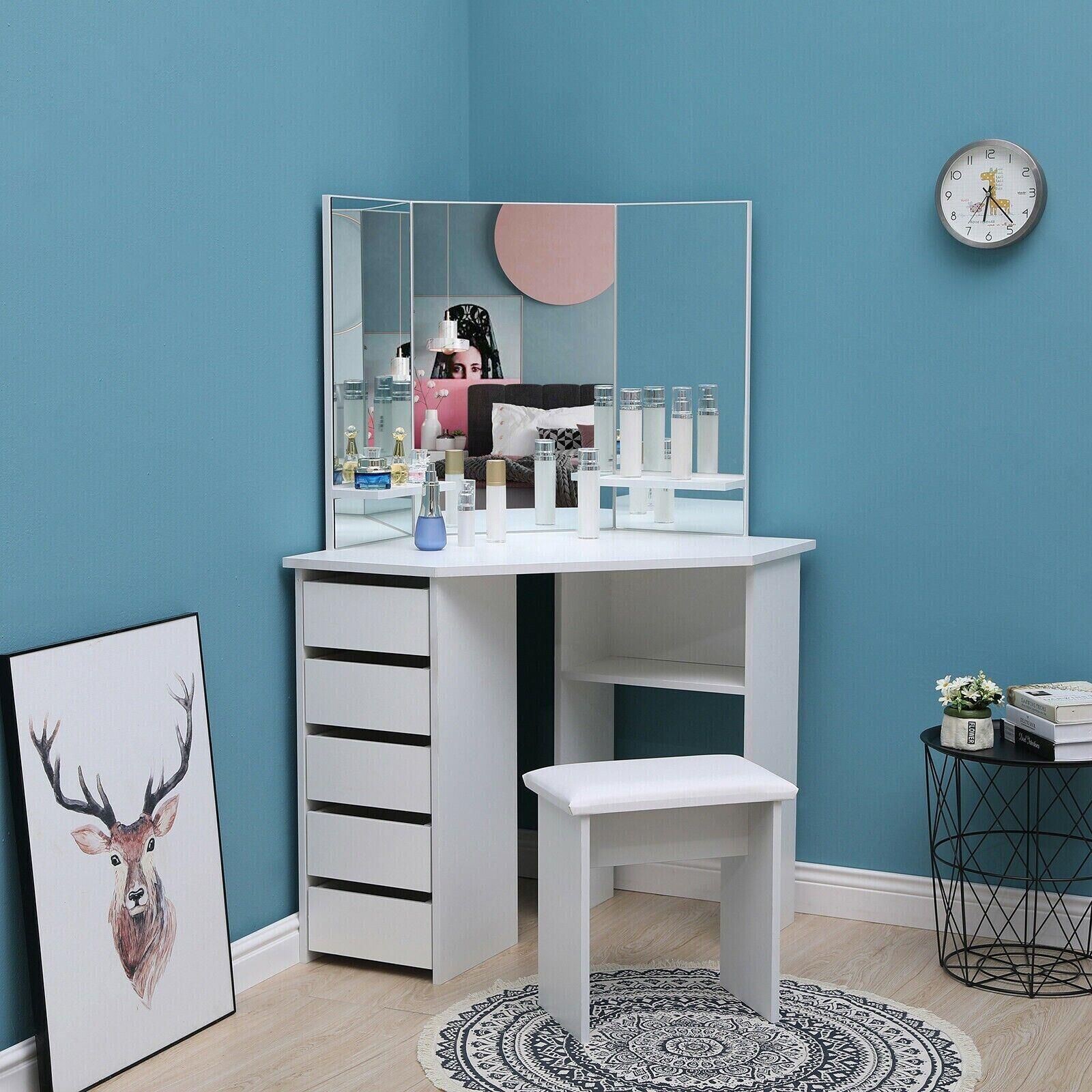 Corner Dressing Table Makeup Vanity Table With 3 Mirrors 5 drawers