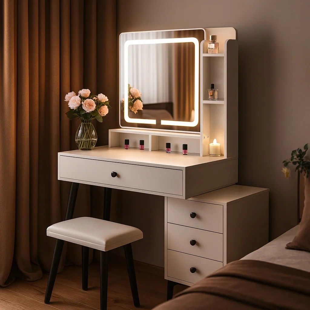 Makeup Dresser With Stool Vanity LED Mirror Dressing Table Makeup Table With 4 Drawers and Stool