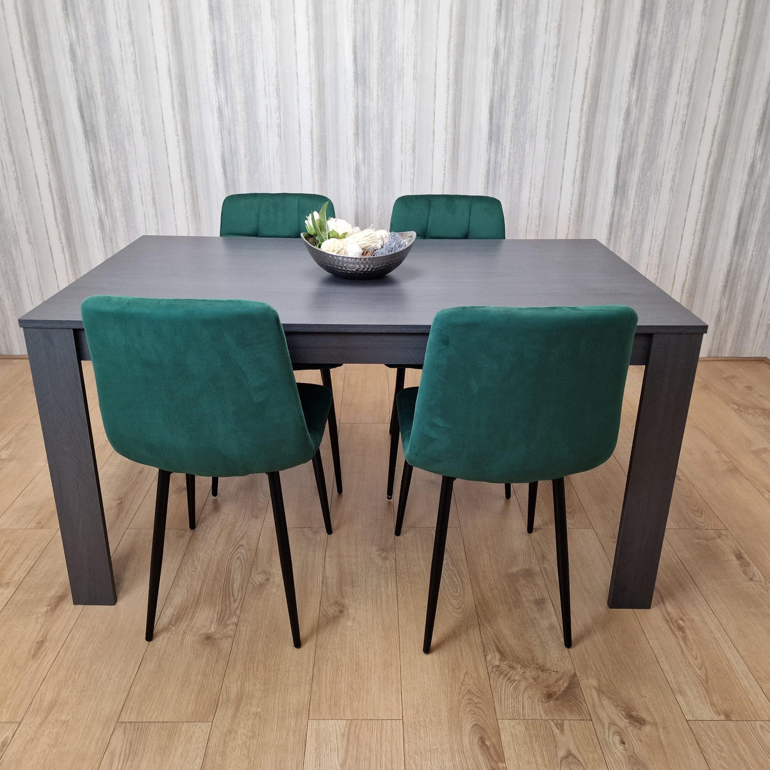 Grey Dining Table with 4 Green Velvet Chairs, Kitchen Dining Set