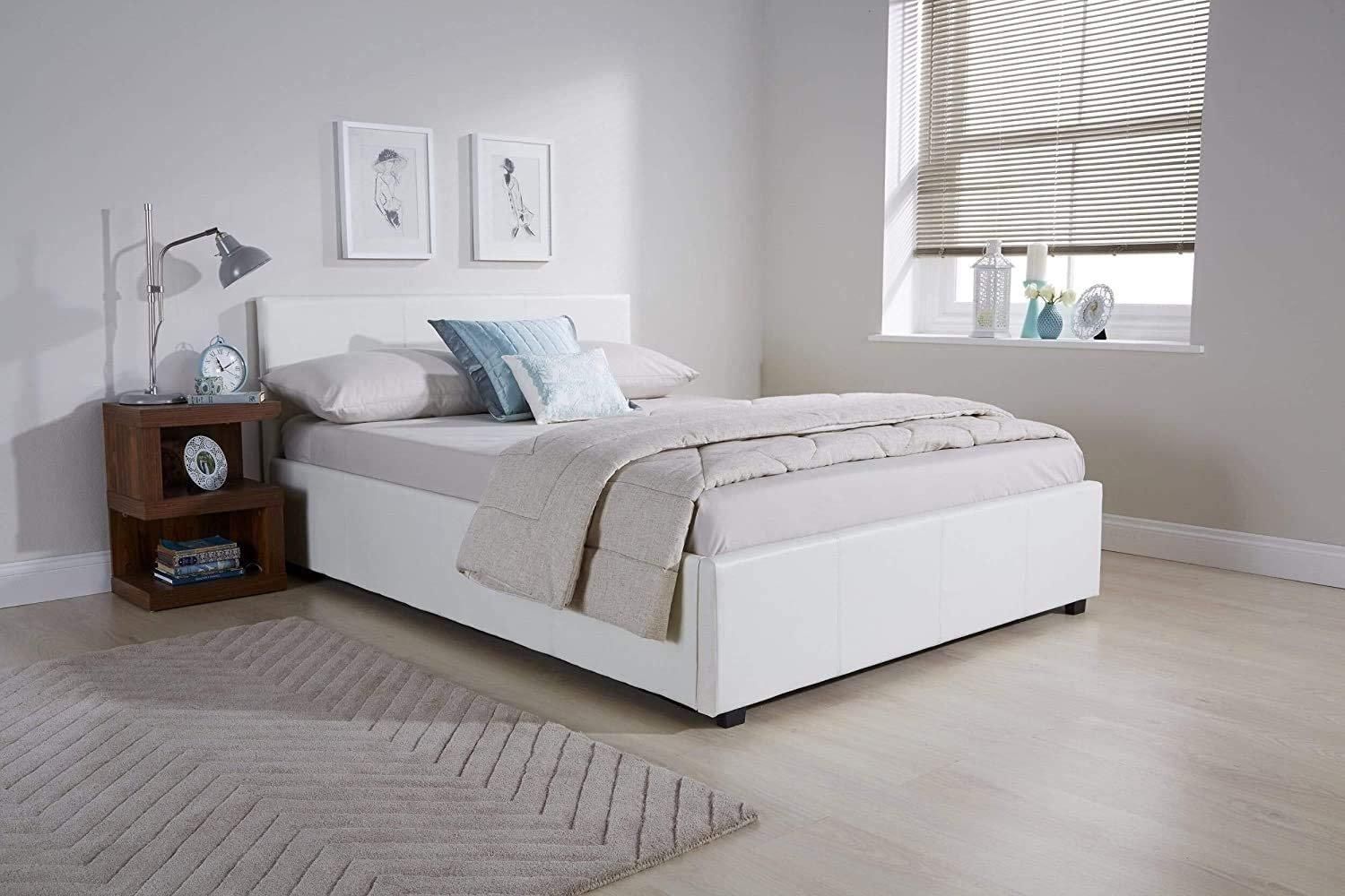 Ottoman Storage White Faux Leather Bed Side Lift 3ft Single Bed Frame