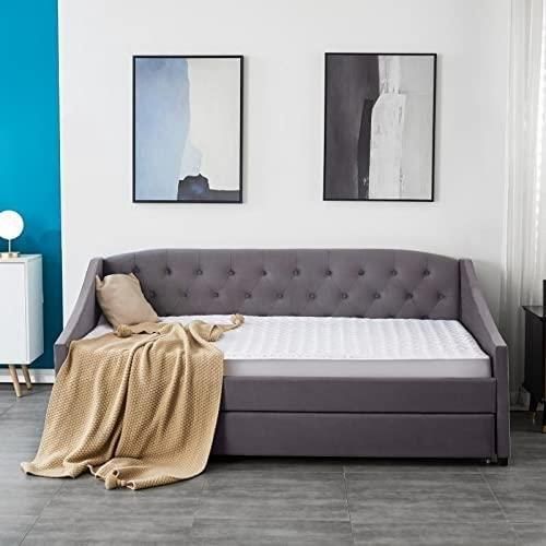 Daybed with Trundle Grey 3ft with 2 Mattresses Twin Velvet Tufted Wooden with 2 Mattresses Bedroom Living Room
