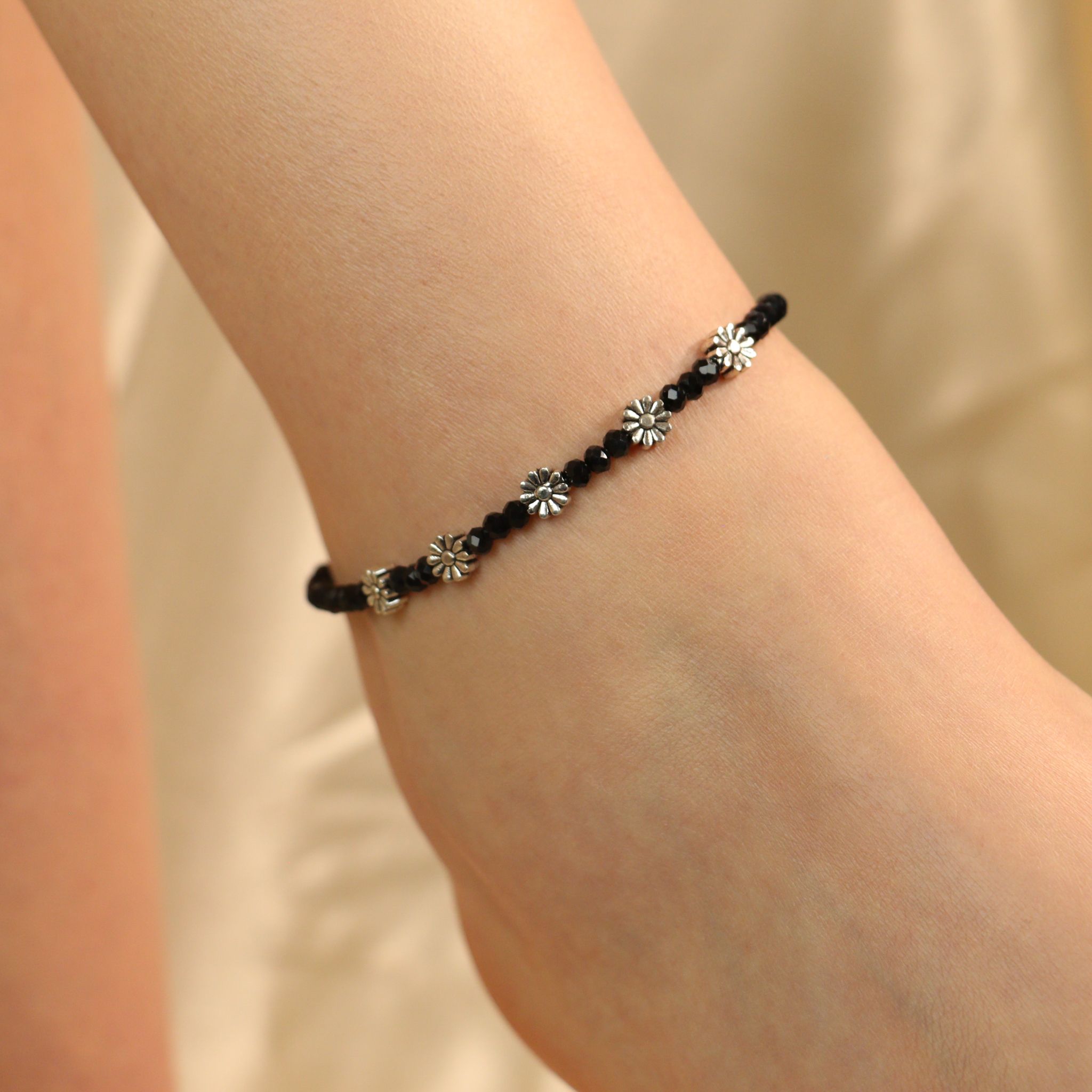 Black Beads Floral Indie Chain Boho Payal Anklet