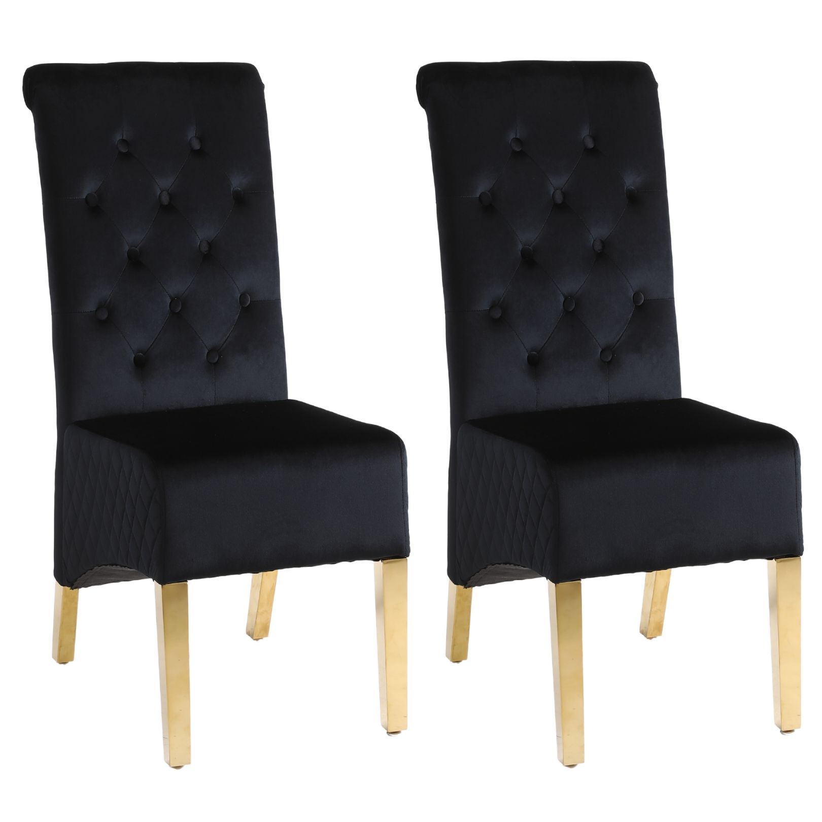 A Pair (x2) Velvet High Back Dining Chairs with Golden Chrome Knocker & Legs