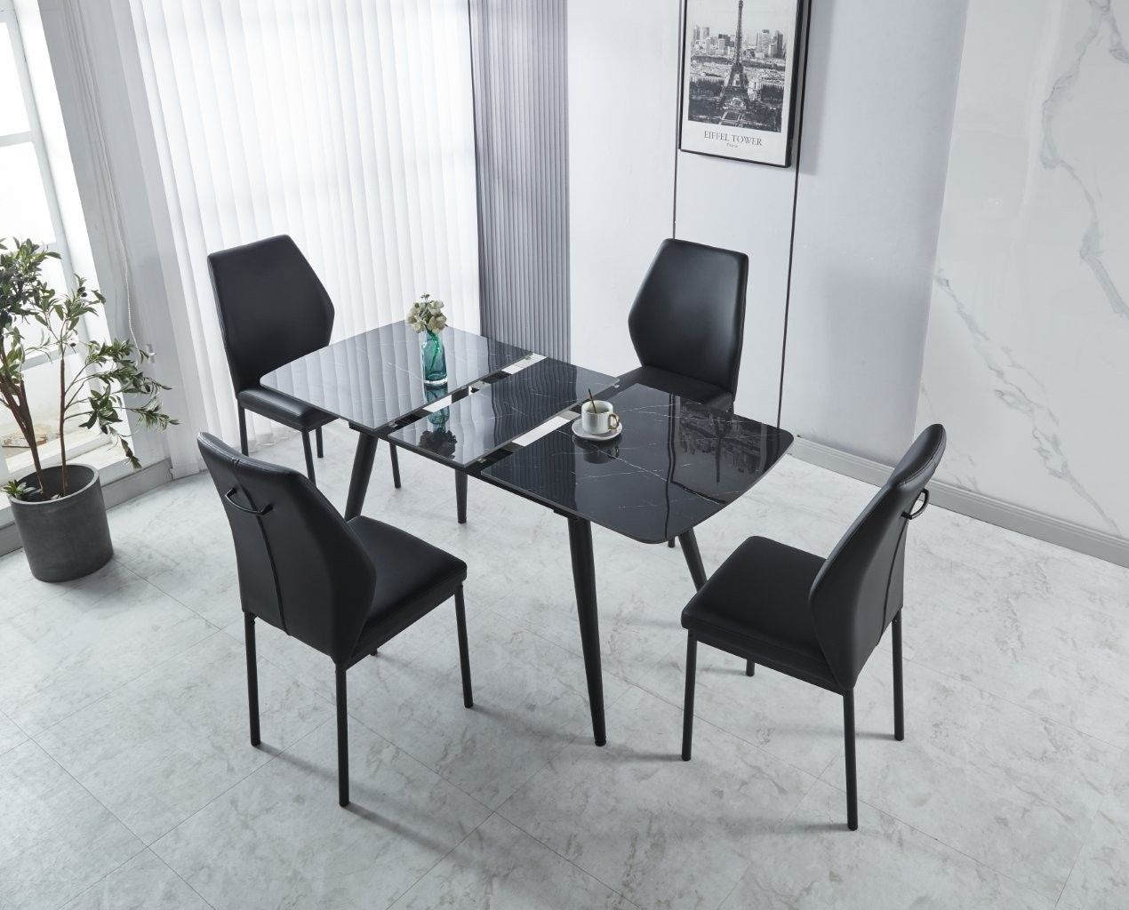 Sintere Stone Top Extending Table & 4 Faux Leather Chairs Dining Set