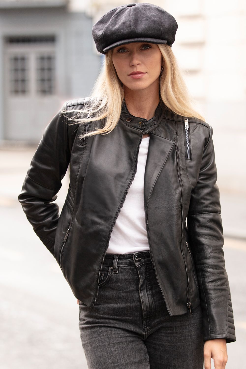 'Alessia' Mandarin Collar Leather Biker Jacket Women Coat