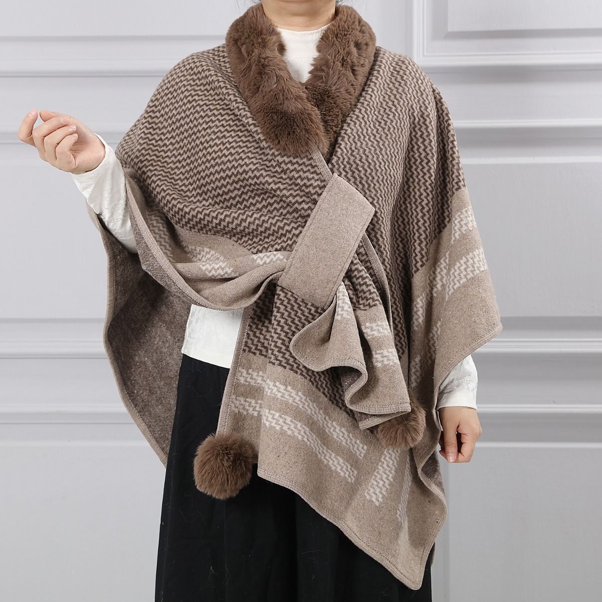 Luxurious Zigzag Cape with Faux Fur Pompom