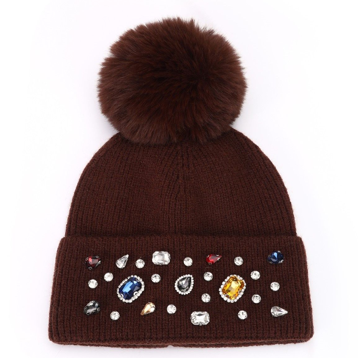 Gemstone Embellished Hat with Luxe Fur Pompom