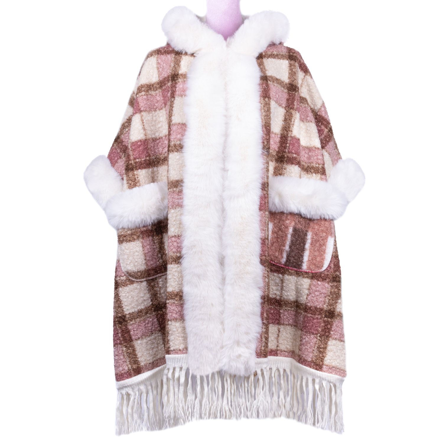 Plaid Extra Thick Layer Cape with Checks Faux Fur Trim