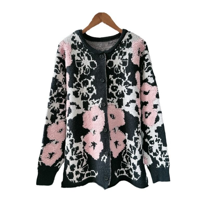 Abstract Floral Print Knit Cardigan in Black