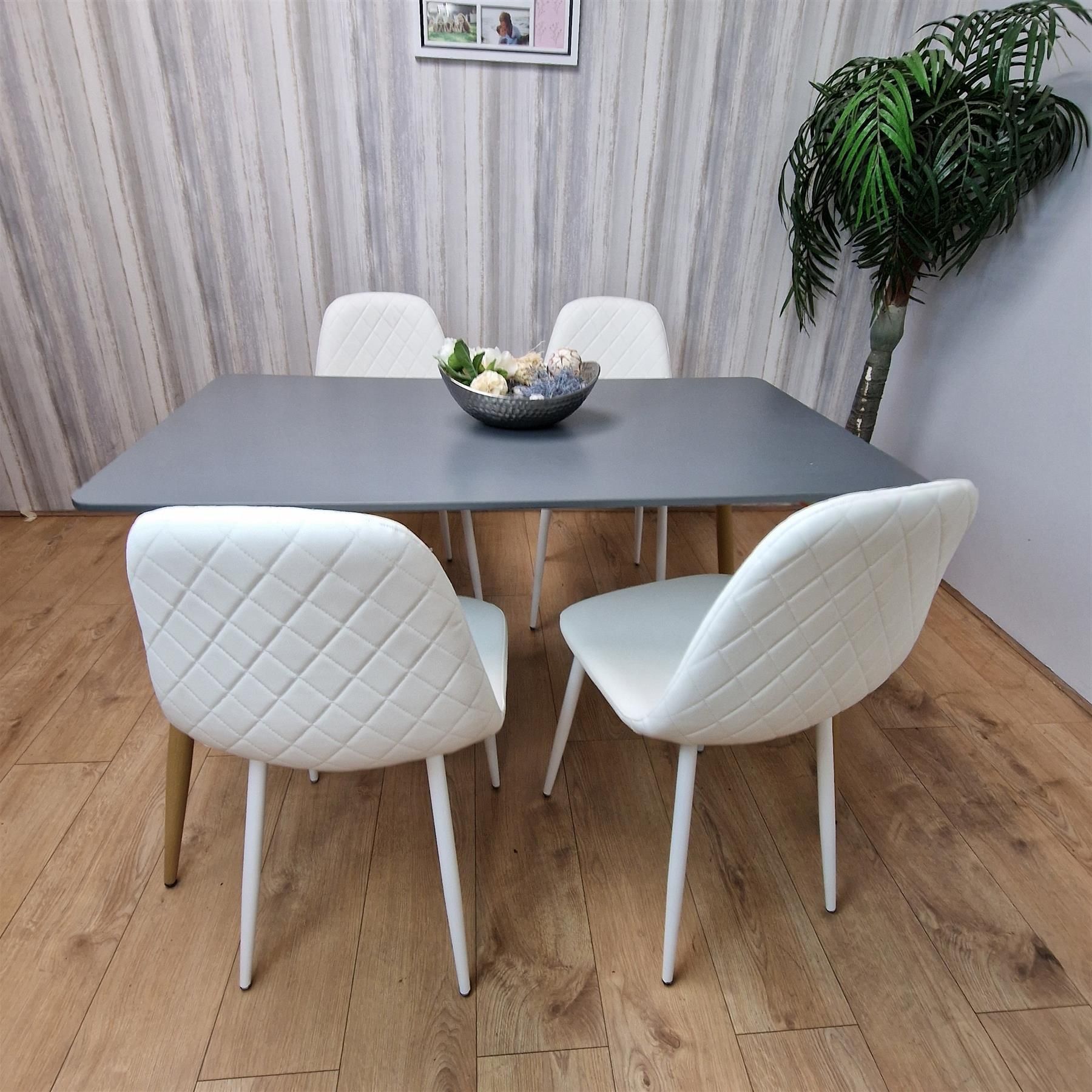 Wooden Rectangle grey tulip table with 4 White Gem Patterned Chairs