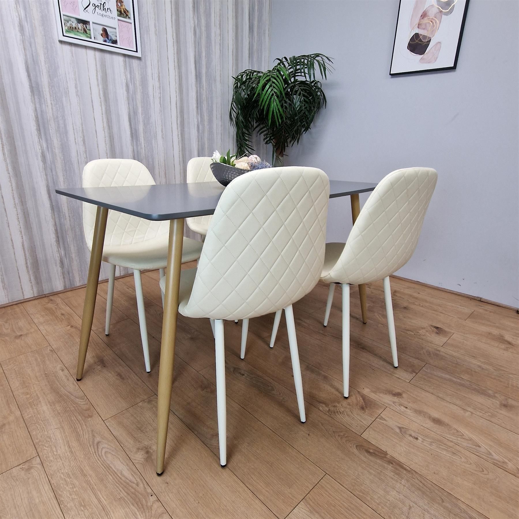 Wooden Rectangle Grey Dining Table with 4 Cream Gem Patterned Chairs