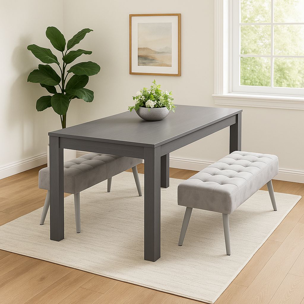 Dining Table and 2 Benches Dark Grey Table 2 Velvet Benches Wood Table Dining Set Furniture