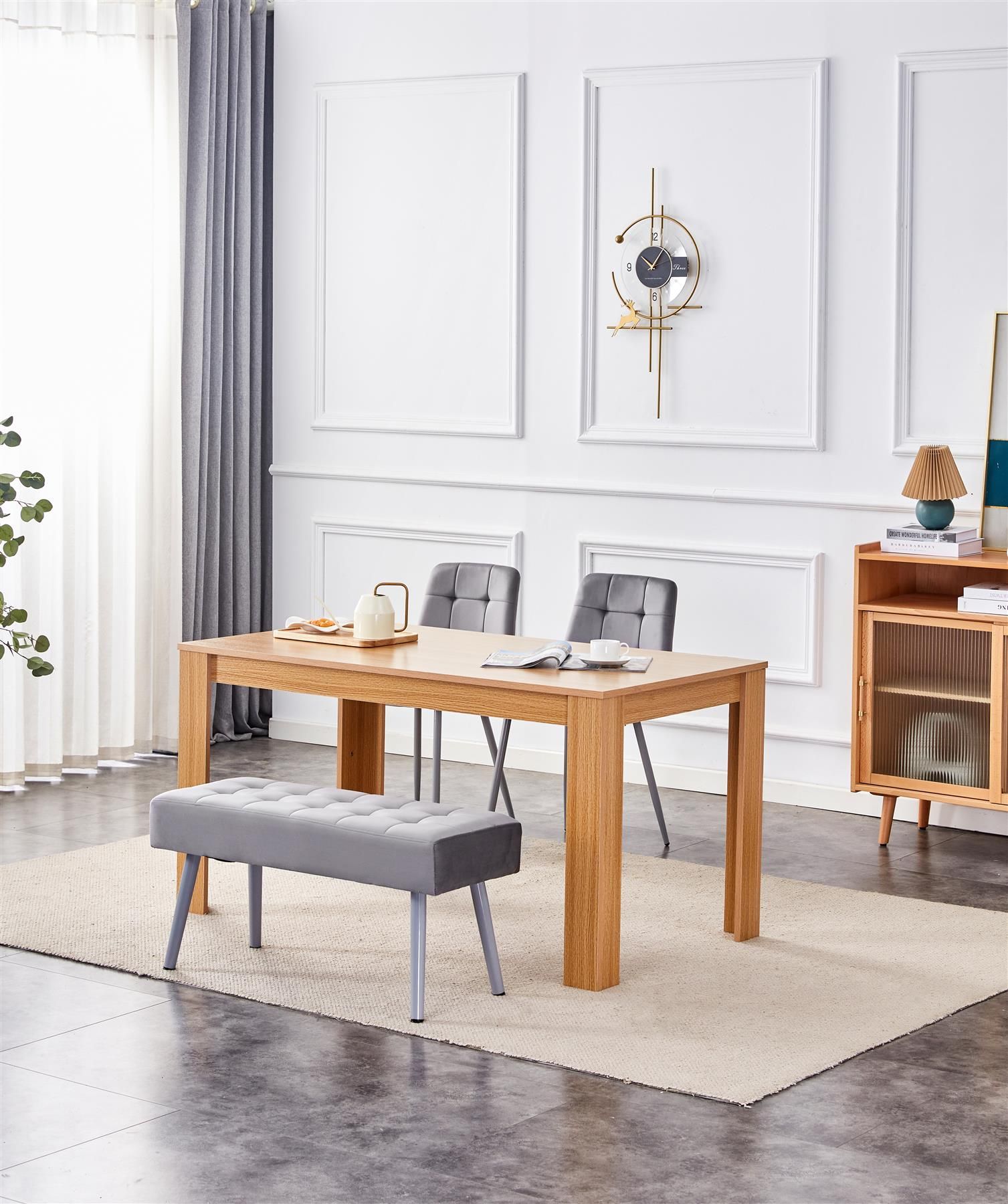 Dining Table and 2 Chairs With Bench Oak Effect Wood Table 2 Grey Velvet Chairs Dining Room