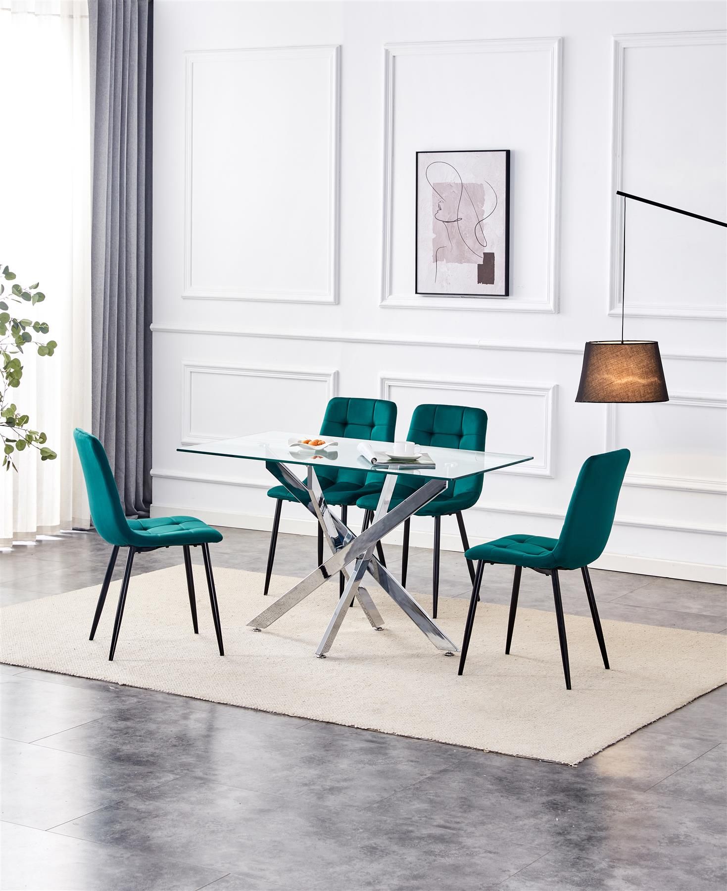 Dining Table and 4 Chairs Rectangle Glass Table 4 Green Velvet Chairs Dining Set