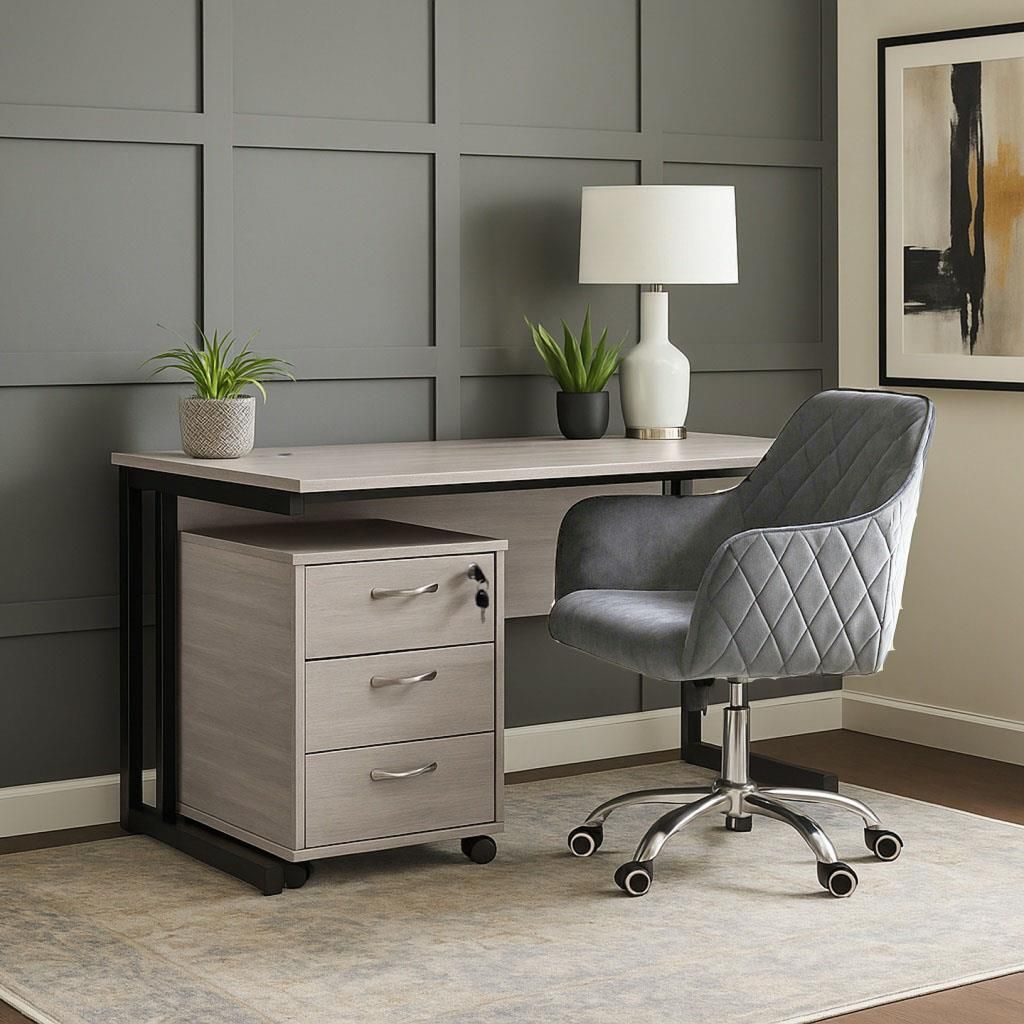 Grey Office Desk with Grey Velvet Upholstered Chair and Matching Drawer Unit