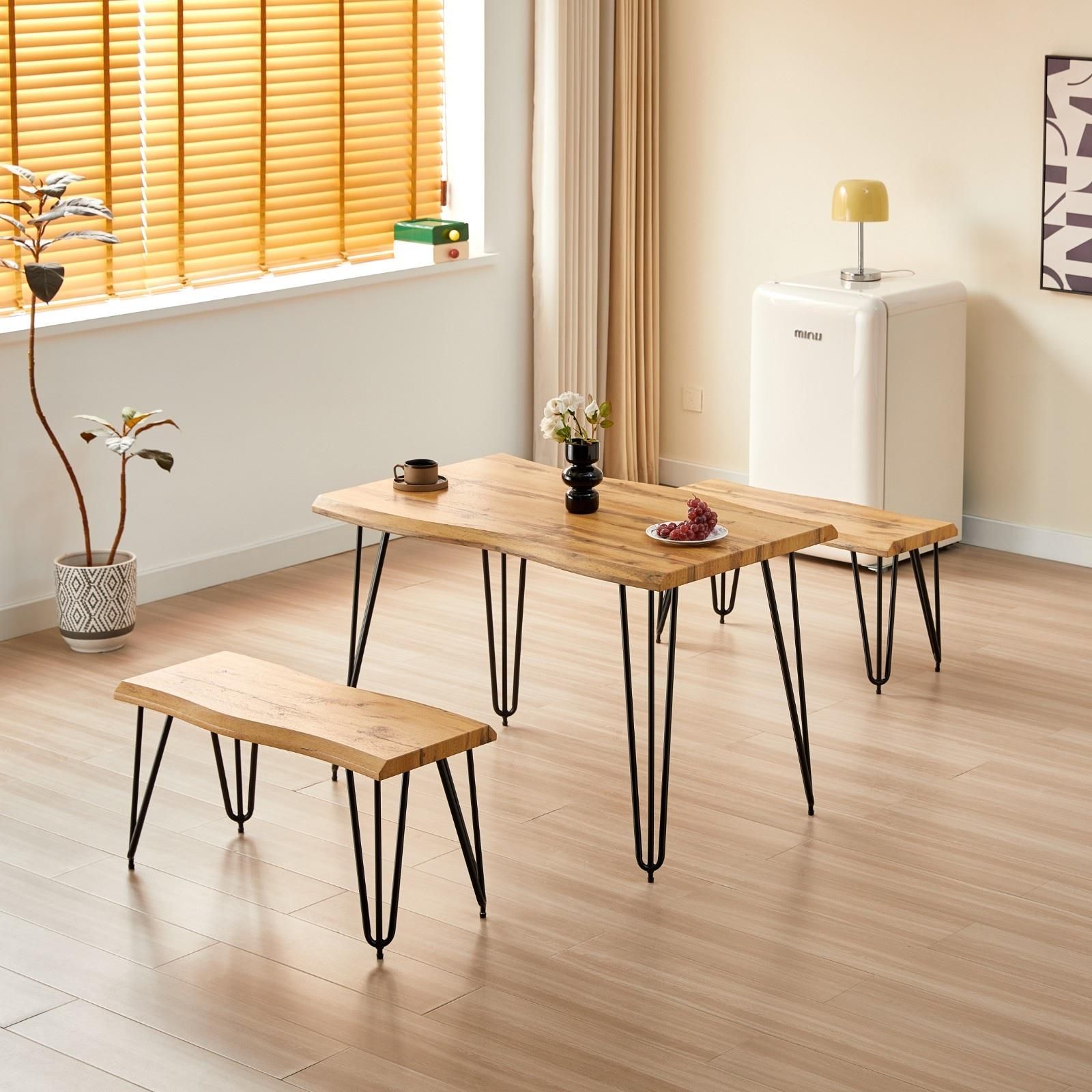 Wooden Dining Table and 2 Benches Set With Metal Hairpin Legs for Work