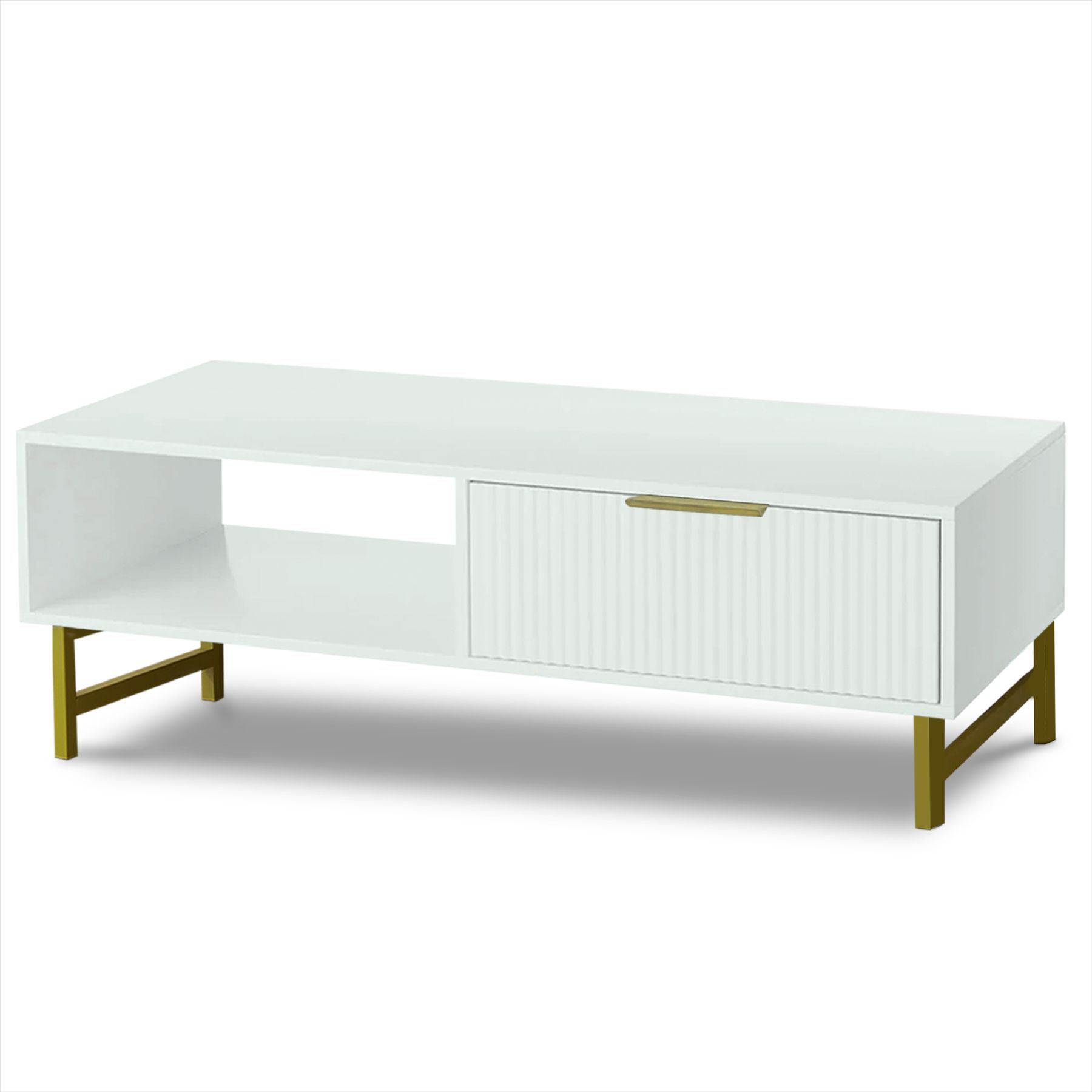 Modern White Coffee Table with Storage, Gold Metal Legs and Handles