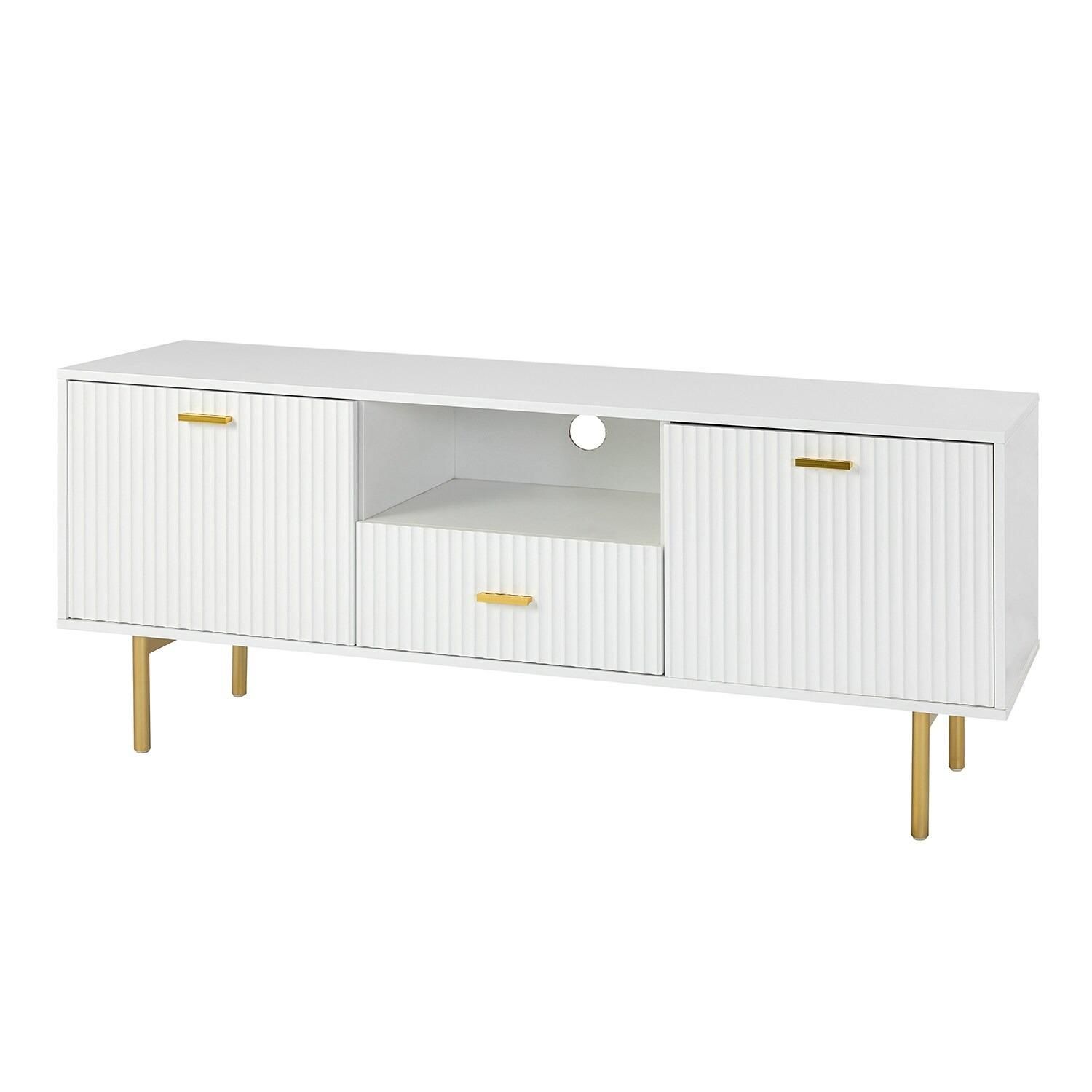 White TV Cabinet with Gold Metal Legs and Handles – Stylish Media Console with Spacious Storage