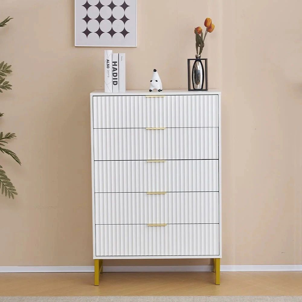 Modern White Chest of 5 Drawers with Gold Metal Legs and Handles