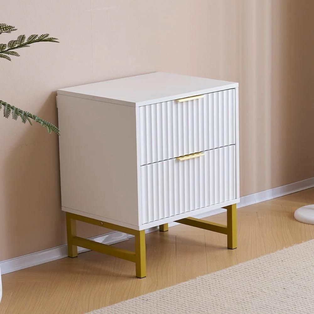 Modern White Bedside Table with 2 Drawers, Gold Metal Legs for Bedroom