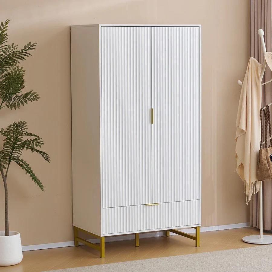 Modern White Wardrobe with Gold Metal Legs – Elegant Storage Solution for Bedroom