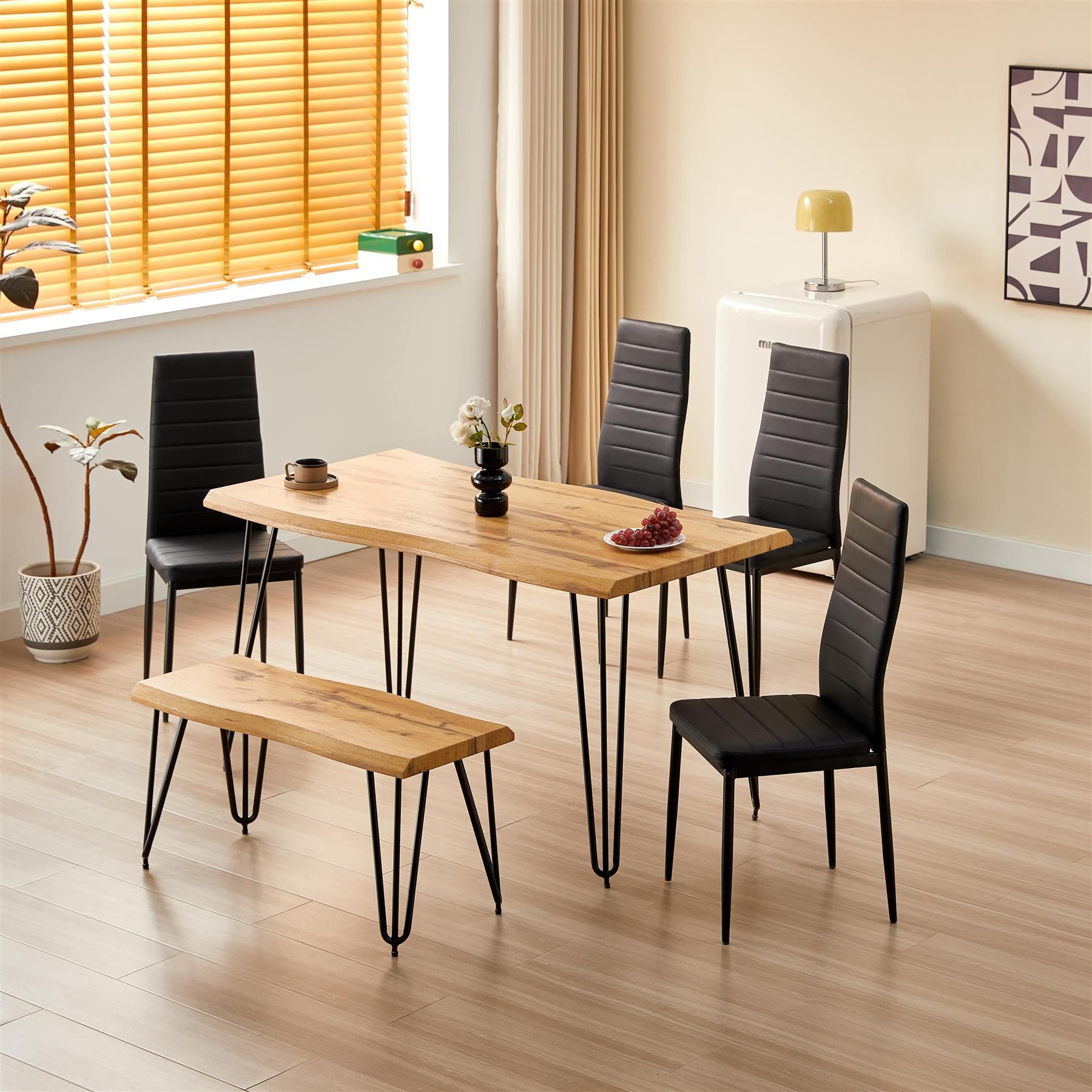 Brown Wooden Dining Table with 4 Black Chairs and Bench - Dining Kitchen Room Furniture
