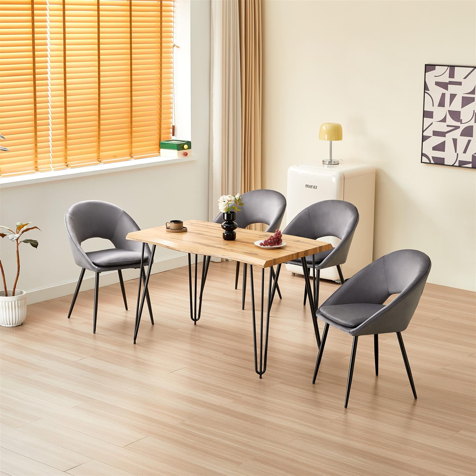 Wooden Dining Table and 4 Grey Velvet Chairs Set With Metal Legs – Stylish Dining Room Furniture