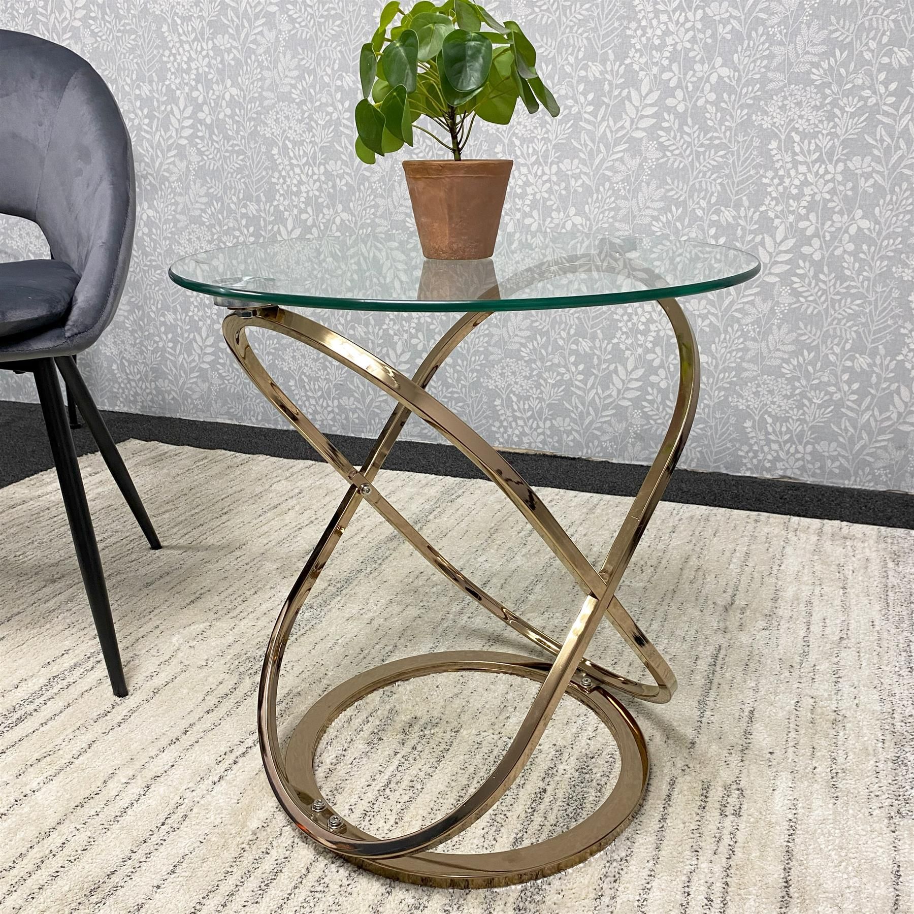 Gold End Table with Glass Top and Chrome Legs, Modern Round Side Table